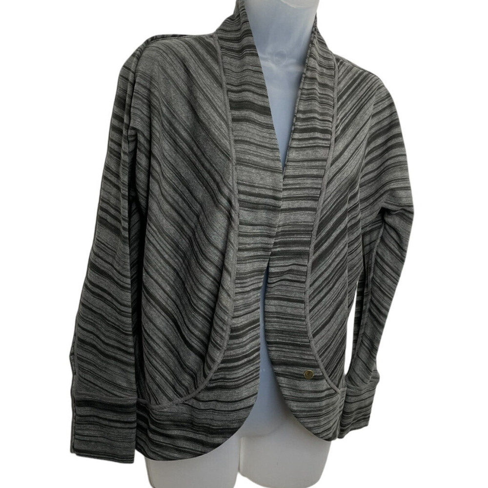 Prana Women Cardigan Gray Black Stripes Open‎ Front Cotton Sweater Small Casual